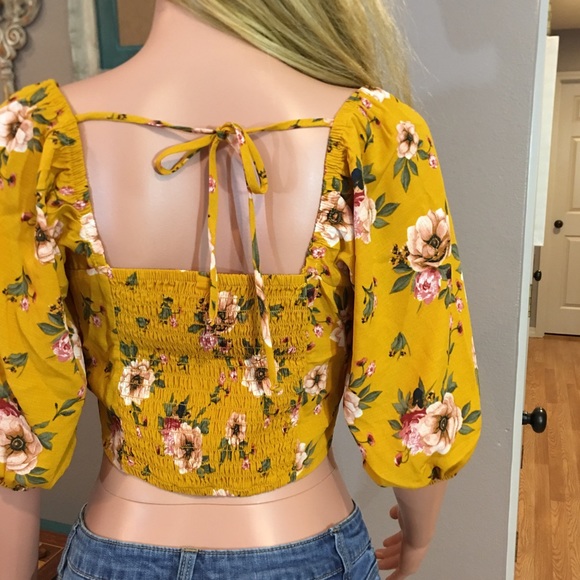 Xhilaration Tops - Mustard yellow floral flounce sleeve tie back crop